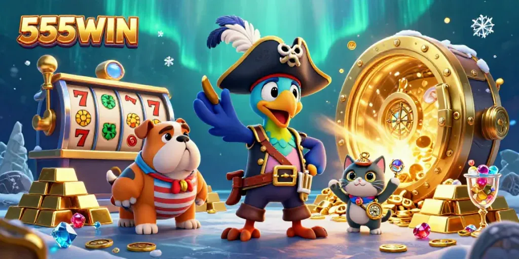 Experience thrilling wins with 555WIN as the pirate captain leads a vibrant casino adventure.