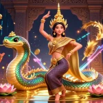 Participez à l'excitation du casino en ligne retrait instantané illustré par une danseuse thaïlandaise et le serpent Naga.