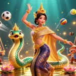 Togel slot gaming scene with vibrant characters, slot machine elements, and dynamic sports elements in 3D.