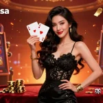 Experience the thrill of slot pulsa with our elegant Asian character amid vibrant reels and casino decor.