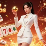 Experience the thrill of vibrant online casinos with a confident woman in a tuxedo holding a roulette ball amidst festive gaming elements.