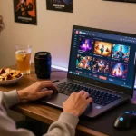 Engaging pajaktoto gaming setup with an individual playing online casino games in a cozy home environment.