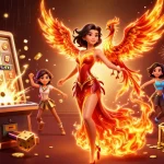 Play exciting games at briototo with vibrant illustrations of slots, dynamic characters, and a jackpot explosion.