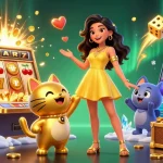 Experience the winning spirit at febet with slots and cheerful characters amidst gold and confetti.