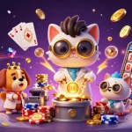 Scène pleine d'action montrant le casino en ligne le plus payant avec un chat scientifique fou et des pièces d'or volant partout.