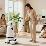 Home robot assisting family in a modern living room while kids play, showcasing smart home integration.