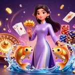 Migliori casinò online presentati con una donna asiatica elegante in un ambiente sofisticato tra elementi di gioco come monete e una ruota della roulette.