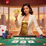 Play your cards right with tt88 at this stunning casino scene featuring a glamorous Asian dealer and vibrant poker elements.
