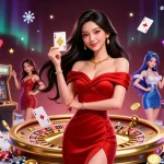 B52Club showcases a beautiful Asian woman holding a playing card next to a roulette wheel, amidst vibrant casino elements.