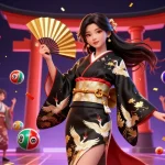 Win big at gg88 with lively lottery balls and a captivating casino atmosphere featuring a stunning Asian woman in a kimono.