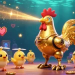 Join the action at open88 with a vibrant gaming scene featuring a golden rooster robot and baby chick drones amidst sparkling arcade elements.