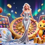 Rasakan kegembiraan slot pulsa dengan seorang wanita glamor di samping roda roulette, di tengah elemen permainan yang dinamis.