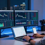 Playexch247 online trading setup with cryptocurrency charts, digital wallet, and advanced tech devices in a modern workspace.