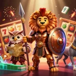 Engage with slot pulsa excitement, seeing a Spartan lion and owl strategist amidst vibrant casino elements.