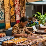 Toko kain Batik 88 dengan seniman yang sedang berkarya di pasar tradisional.