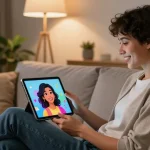 Engaging interaction with an AI girlfriend avatar on a tablet in a cozy living room.