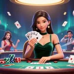 KJC poker scene featuring an elegant woman at a luxury game table with vibrant sports elements.