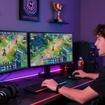 Exciting gaming setup featuring LUCK8 betting platform with colorful displays and gaming memorabilia.