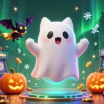 Experience thrilling gameplay at 9BET with a friendly ghost cat in a haunted casino.