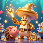 Experience situs toto with a vibrant scene showcasing a whimsical mushroom wizard, gems, and arcade elements.