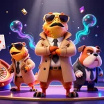 Engage in thrilling wins at open88c with raptors entering a VIP casino, surrounded by sparkling treasures.