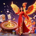 Engage in thrilling casino action at gg88 with a graceful woman and phoenix amid cascading coins.