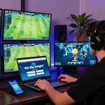 Intense gaming scene focused on live betting and Prediksi Bola Malam Ini with vibrant screen displays and immersive atmosphere.