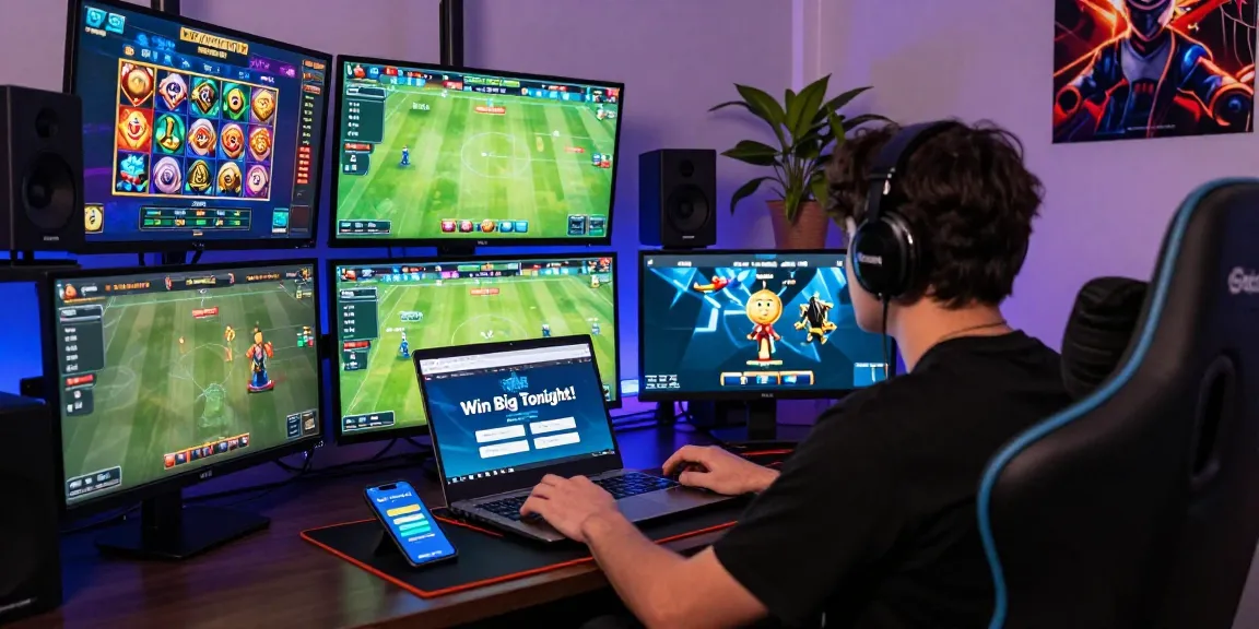 Intense gaming scene focused on live betting and Prediksi Bola Malam Ini with vibrant screen displays and immersive atmosphere.