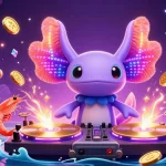 Engage with the vibrant scene of "situs slot gacor" showcasing a neon axolotl DJ and lively marine crew amidst dazzling casino elements.