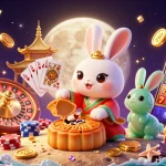 Experience thrilling games with fokus777 featuring a moon rabbit, poker chips, and dynamic casino elements.