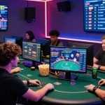 A group of friends enjoying their online poker game through Agen Poker Online, surrounded by vibrant LED lights and tournament stats.