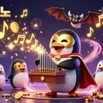 Experience the vibrant excitement at 조이카지노 with colorful lottery balls and golden coins raining as a cartoon penguin plays its organ.