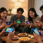 Friends enjoying safe and secure gameplay on the 3 Patti Vegas app in a cozy living room.