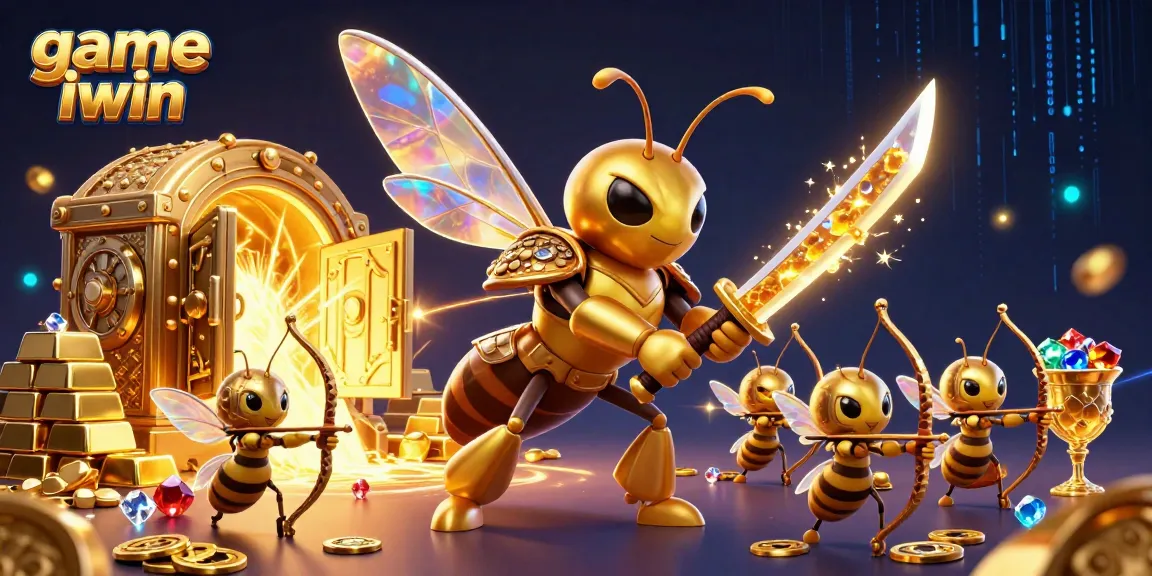 Engage with game iwin through an exciting casino-themed visual showcasing a vibrant scene of characters amidst treasures.