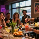 Exciting bar scene with cocktails and friends enjoying nightlife, showcasing eskort gogoebi culture.