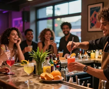 Exciting bar scene with cocktails and friends enjoying nightlife, showcasing eskort gogoebi culture.