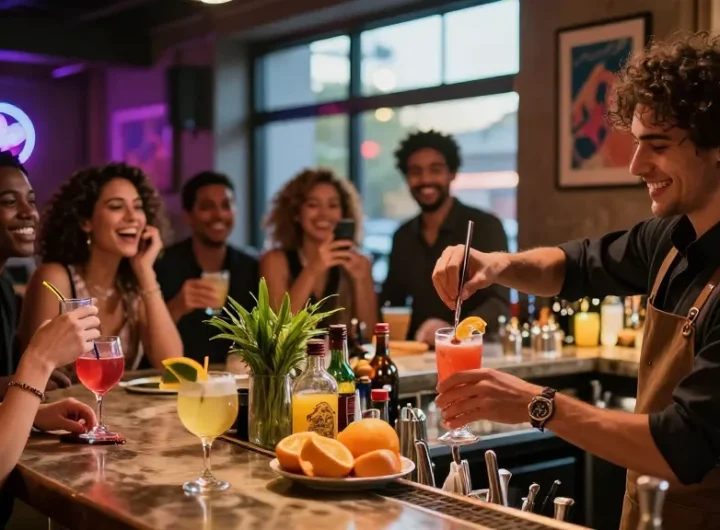 Exciting bar scene with cocktails and friends enjoying nightlife, showcasing eskort gogoebi culture.