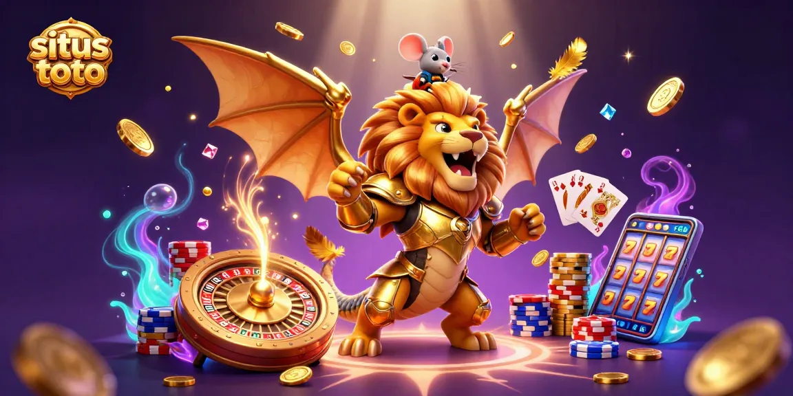 Experience the situs toto with a triumphant chimera and mouse jockey in an exciting casino scene.