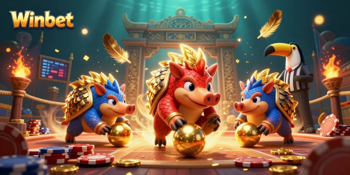 Winbet pangolins playfully rolling golden balls amidst poker chips in a vibrant casino scene.
