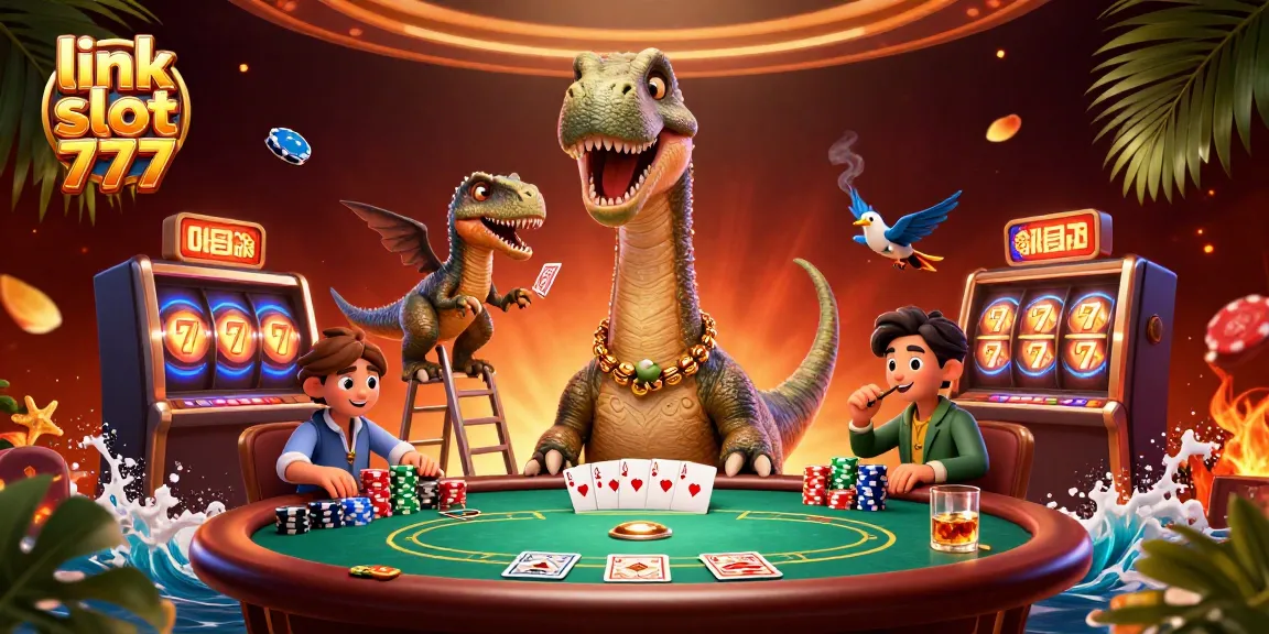 Engage with link slot 777 in this vibrant casino scene featuring a giant brontosaurus and clever raptor.