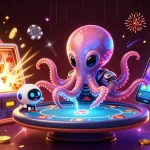 Experience thrilling gaming action at okfun88 co with an alien octopus and robot at a holographic poker table