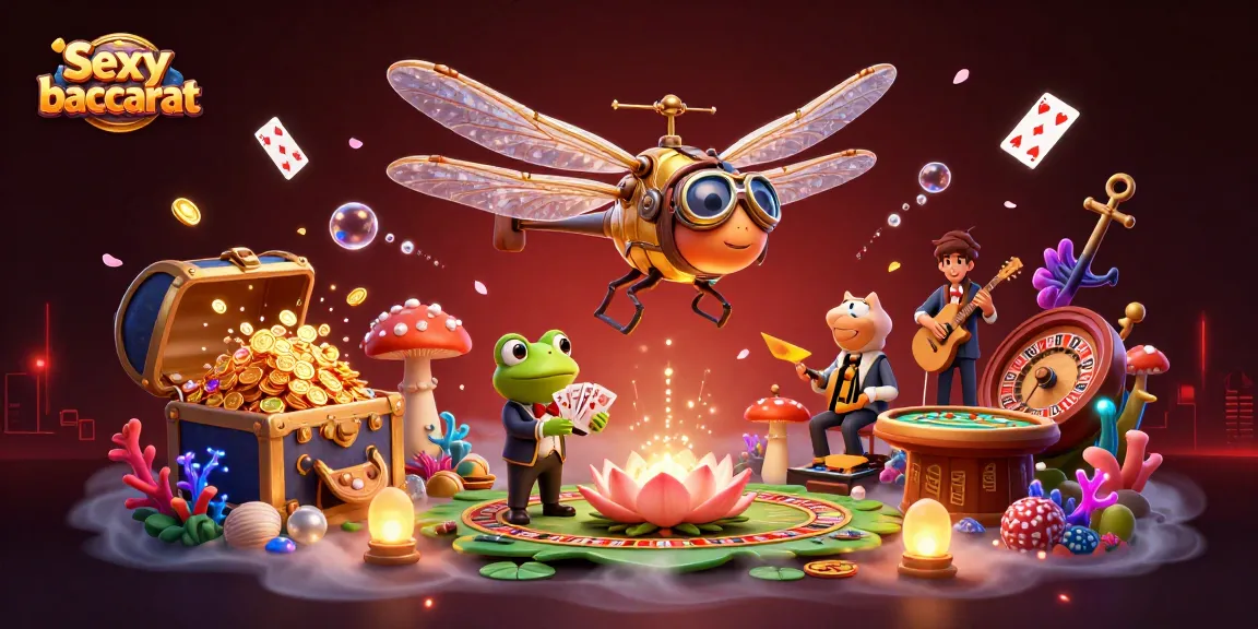 Experience the thrill of Sexy baccarat with a lively casino scene featuring a dragonfly pilot and frog dealer.