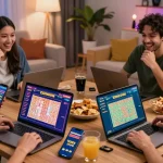 Excited players enjoying Pasaran Togel Terlengkap on laptops and smartphones in a vibrant living room.