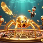 Experience thrilling gameplay at QS88 with vibrant characters, a roulette-themed web, and gold coins.