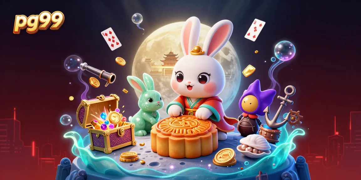 Play and win at pg99 with vibrant casino elements featuring lucky moon rabbit and treasures.