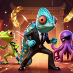Engage in thrilling gameplay with selat4d's vibrant casino scene, featuring colorful characters and slot elements.