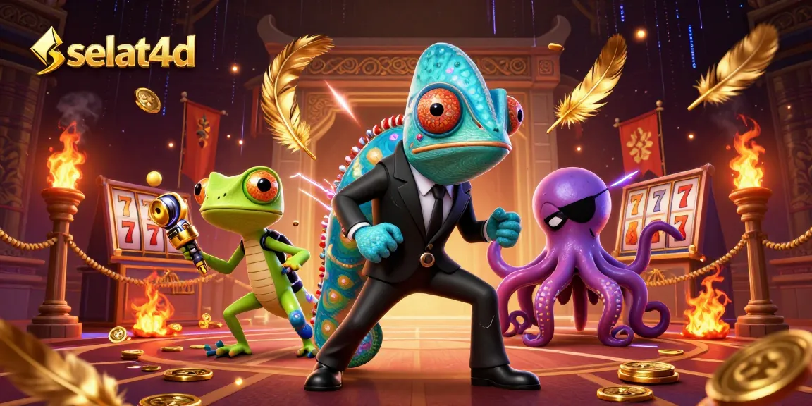Engage in thrilling gameplay with selat4d's vibrant casino scene, featuring colorful characters and slot elements.