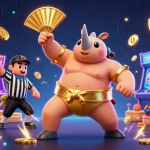 KJC sumo beetle champion stomps golden coins with arcade slots and glowing game machines.