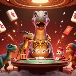 Engage with RR88's dynamic casino scene featuring a towering dinosaur overseeing poker action with vibrant game elements.