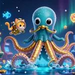 Budi4d login: Engage with a vibrant scene featuring a mythical kraken, diving cat, and arcade elements.